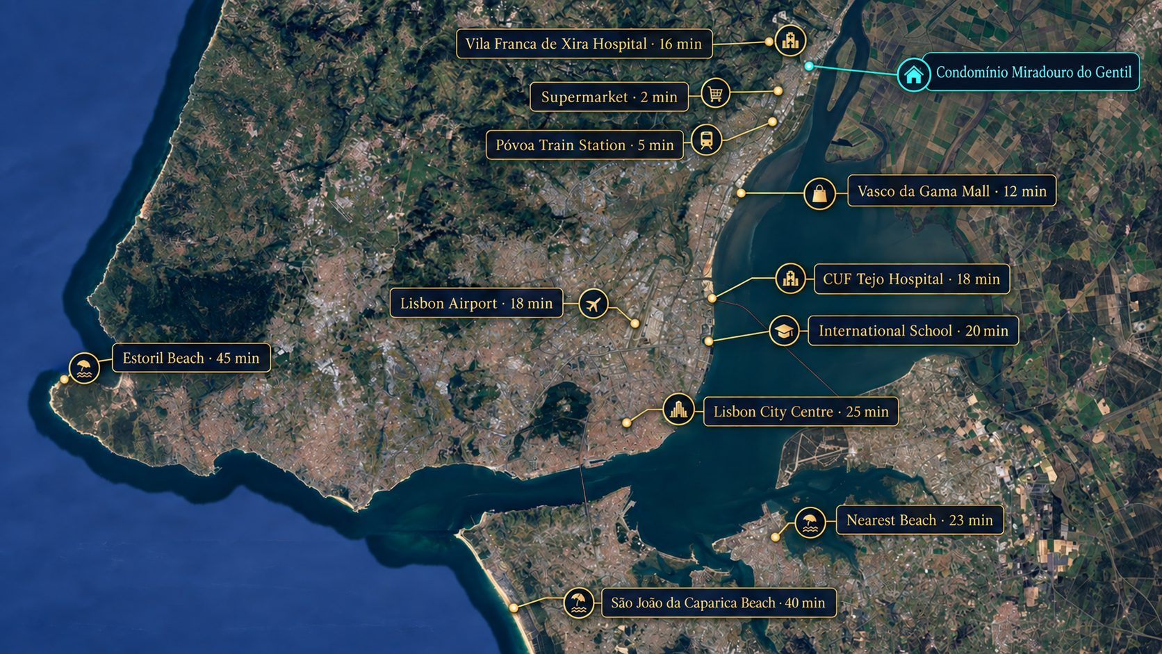 Satellite map of Condomínio Miradouro do Gentil and nearby destinations